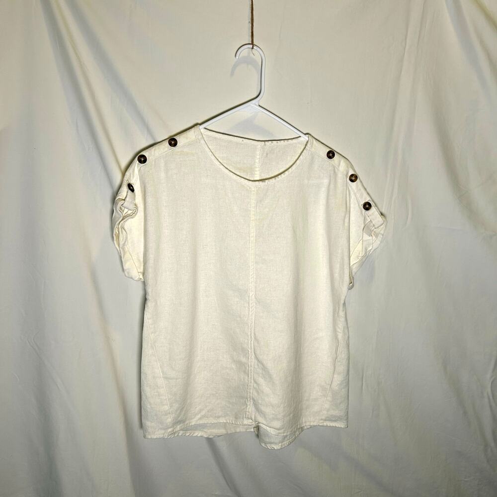 cream linen blend top with buttons coastal resort vacation